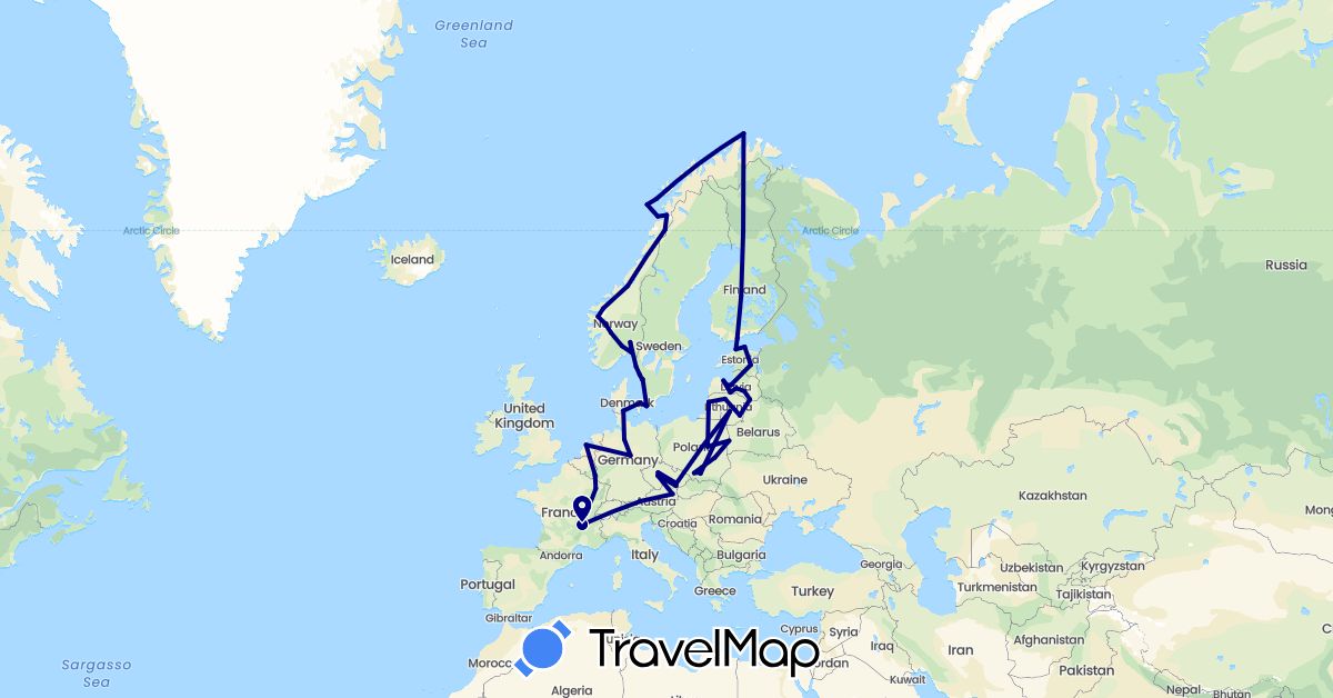 TravelMap itinerary: driving in Austria, Czech Republic, Germany, Denmark, Estonia, Finland, France, Lithuania, Luxembourg, Latvia, Netherlands, Norway, Poland, Sweden (Europe)