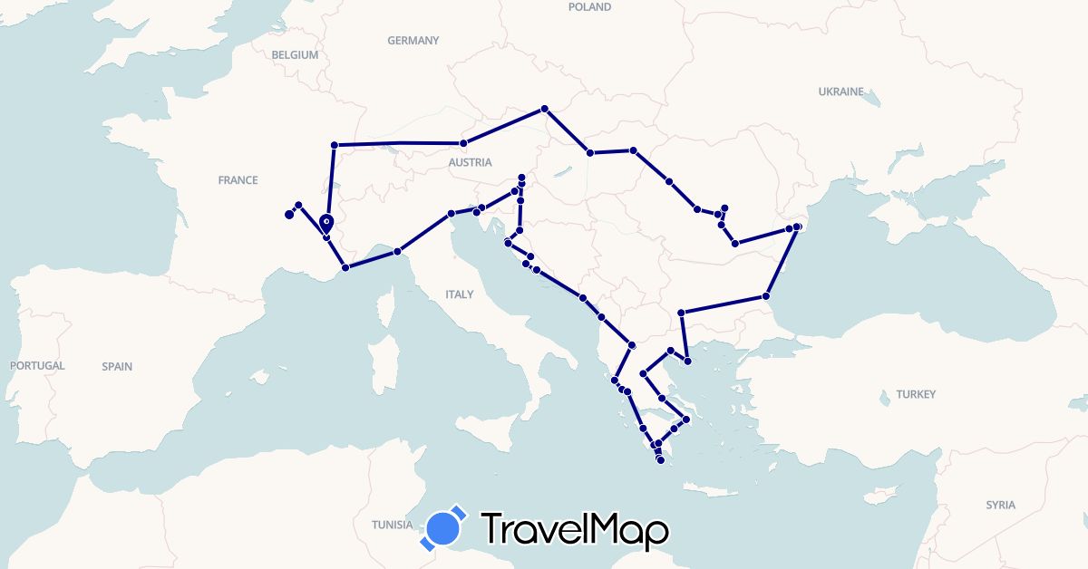 TravelMap itinerary: driving in Albania, Bulgaria, Czech Republic, Germany, France, Greece, Croatia, Hungary, Italy, Montenegro, Romania, Slovenia (Europe)